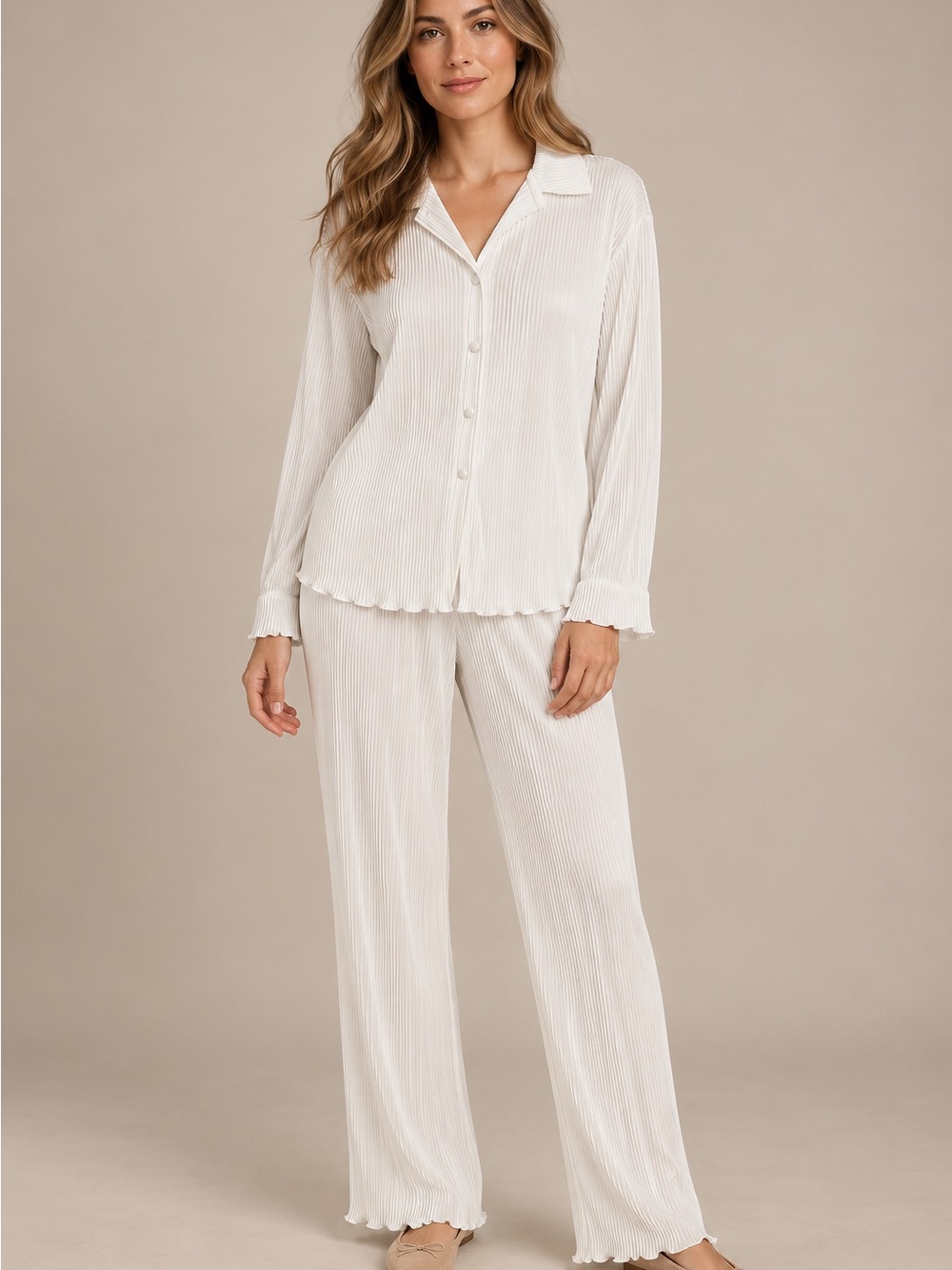 Women's Cream Ribbed Button-Front Pajama Set